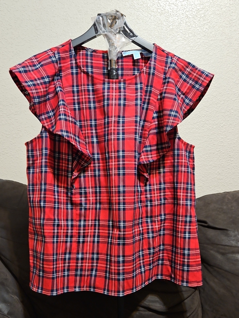 Draper James Red Plaid Ruffle Sleeve Top